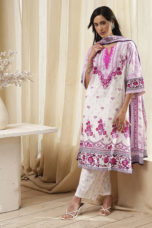 White and Pink Cotton Printed Straight Suit Set image number 0