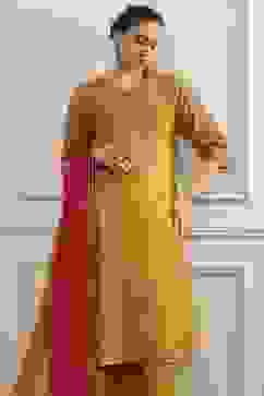 Mustard Yellow Cotton Embroidered Kalidar Suit Set image number 7