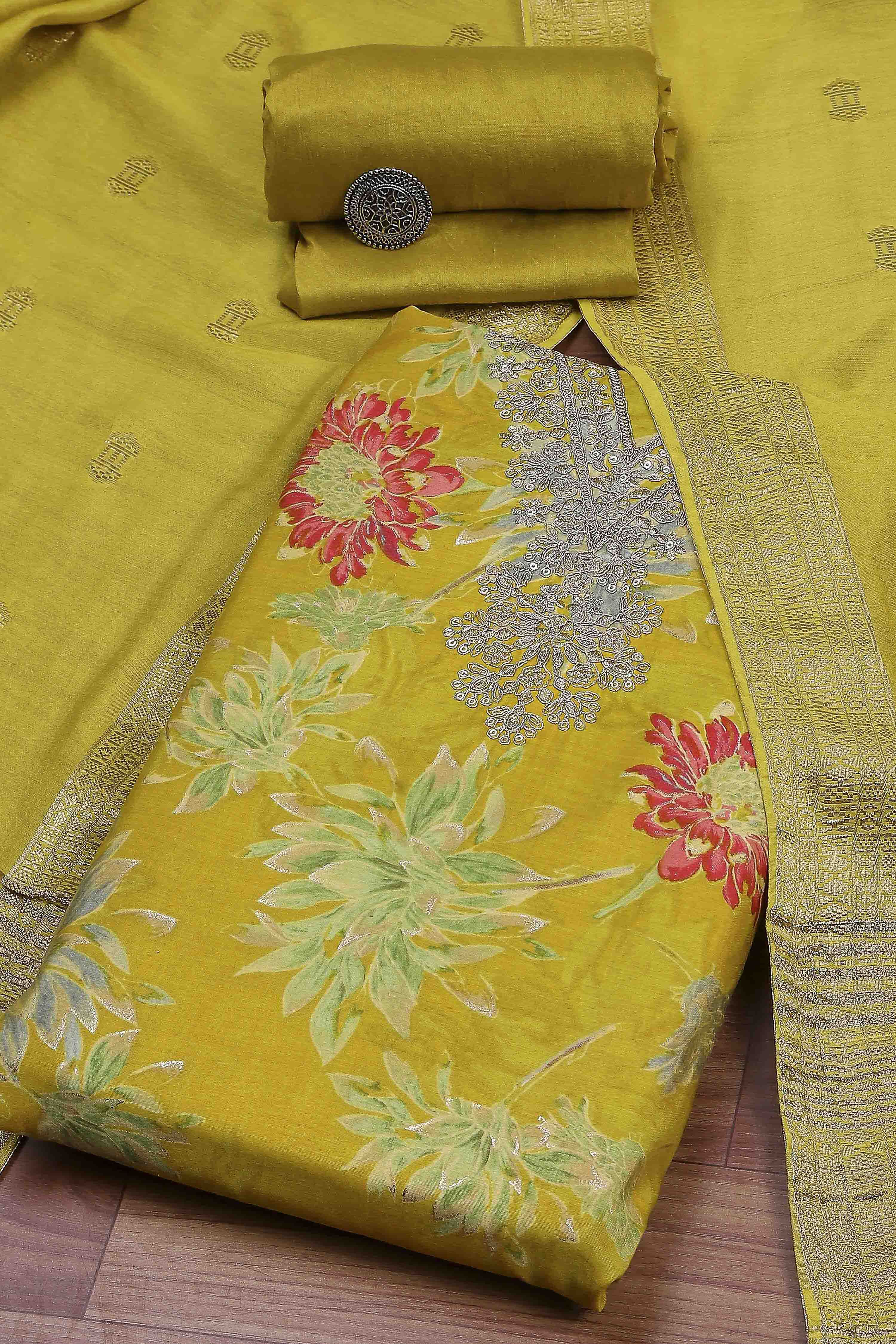 Green Modal Rajasthani Print Unstitched Suit Set image number 0