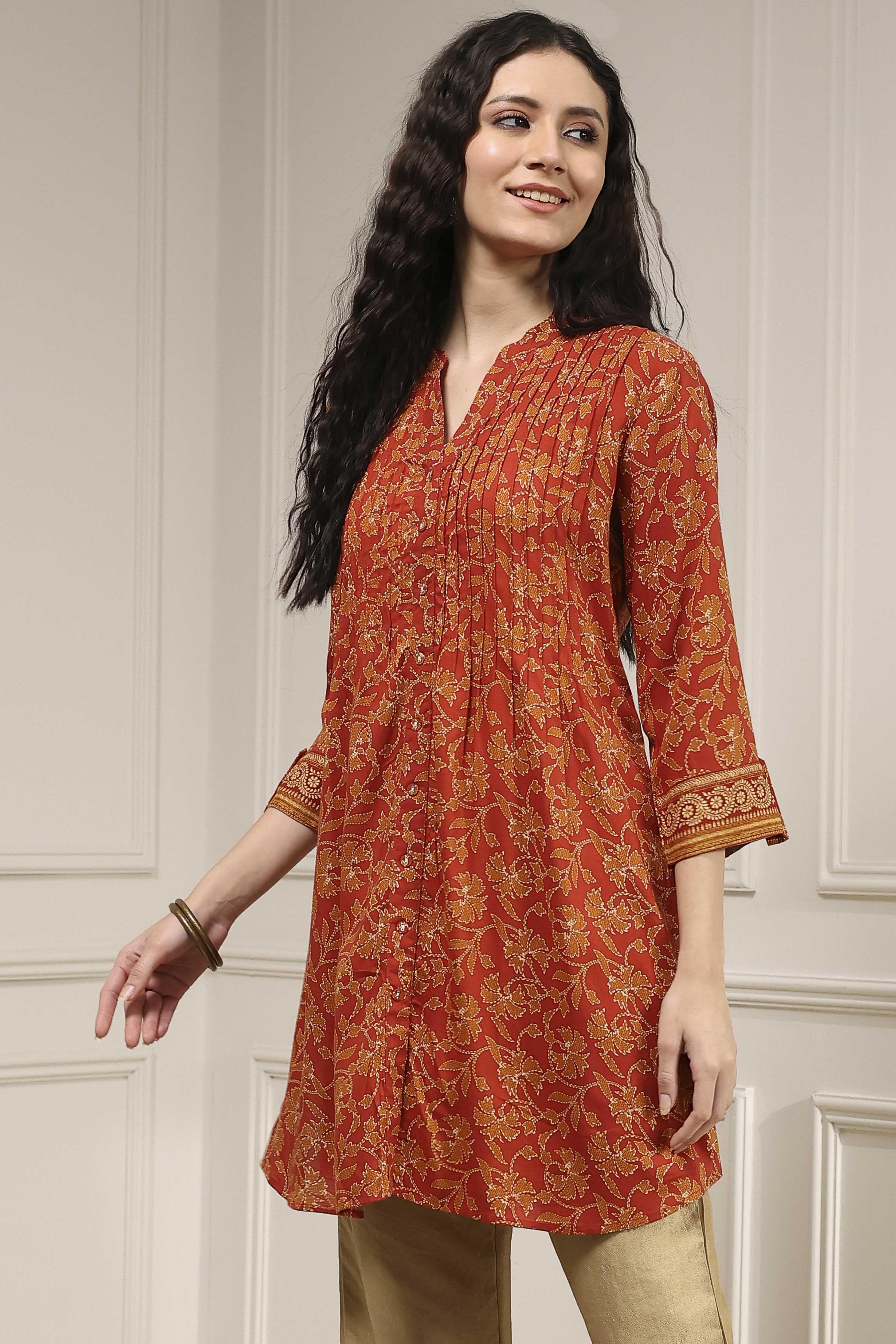 Rust Viscose Rayon Relaxed Printed Shirt image number 2