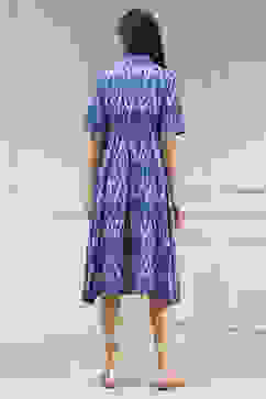 Blue Cotton Flared Yarndyed Dress image number 3