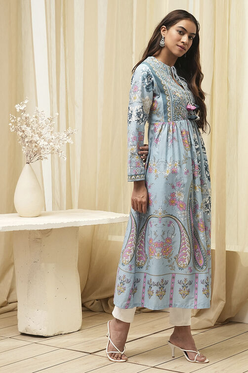 Dull Blue Cotton Printed Flared Kurta image number 4