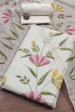 Off White Chanderi Hand Painted Unstitched Suit Set image number 0