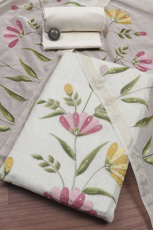 Off White Chanderi Hand Painted Unstitched Suit Set image number 0