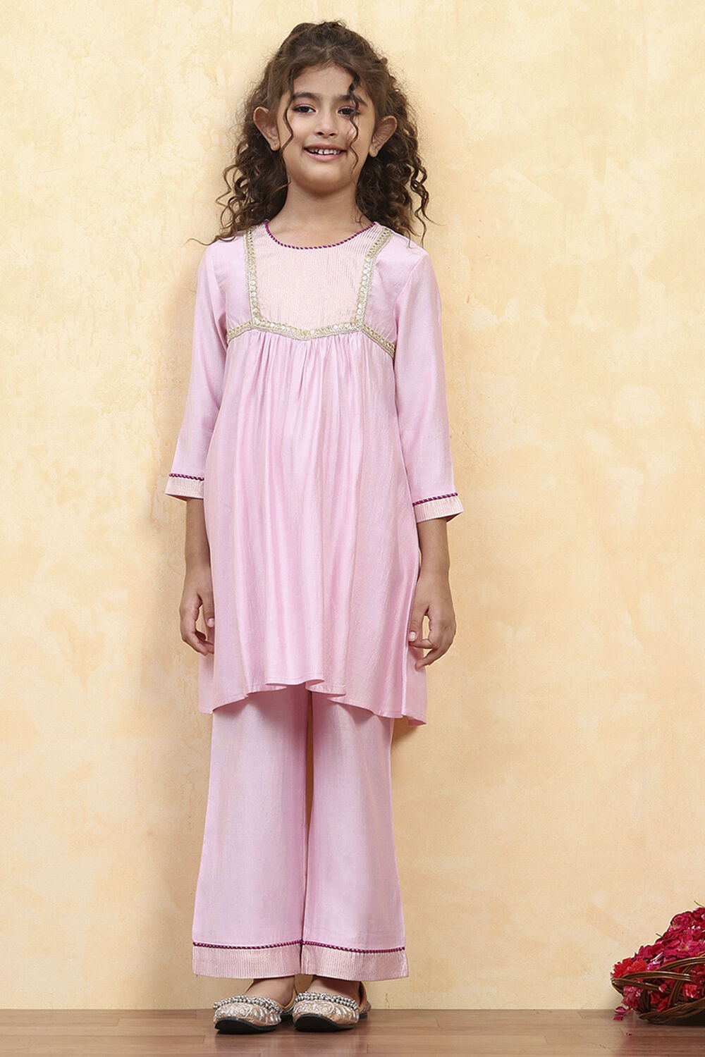 Pink Polyester Dyed Gathered Suit Set image number 6