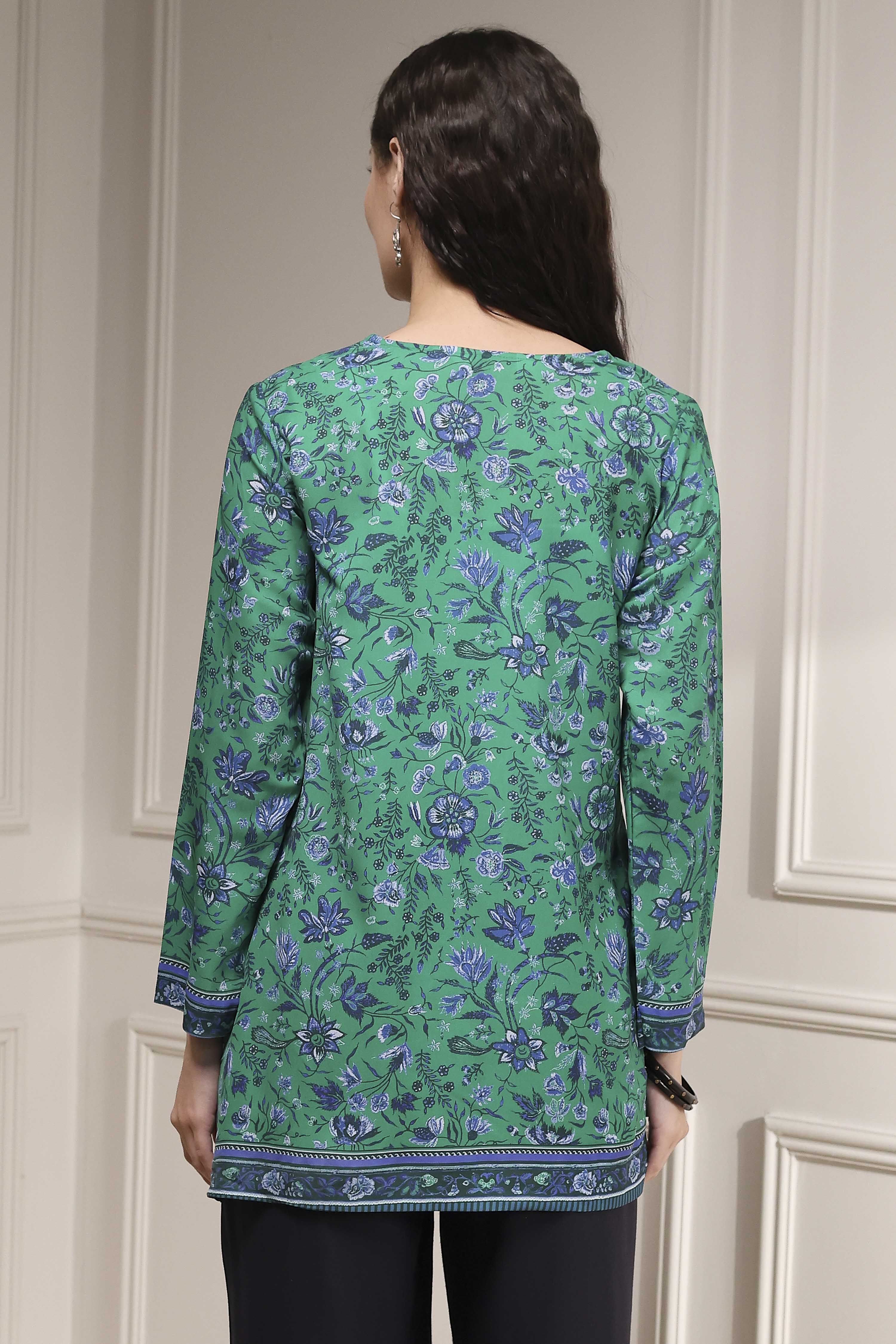 Turquoise Polyester Straight Printed Short Kurta image number 3