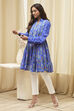 Blue Cotton Printed Shirt-Style Tiered Kurta image number 2