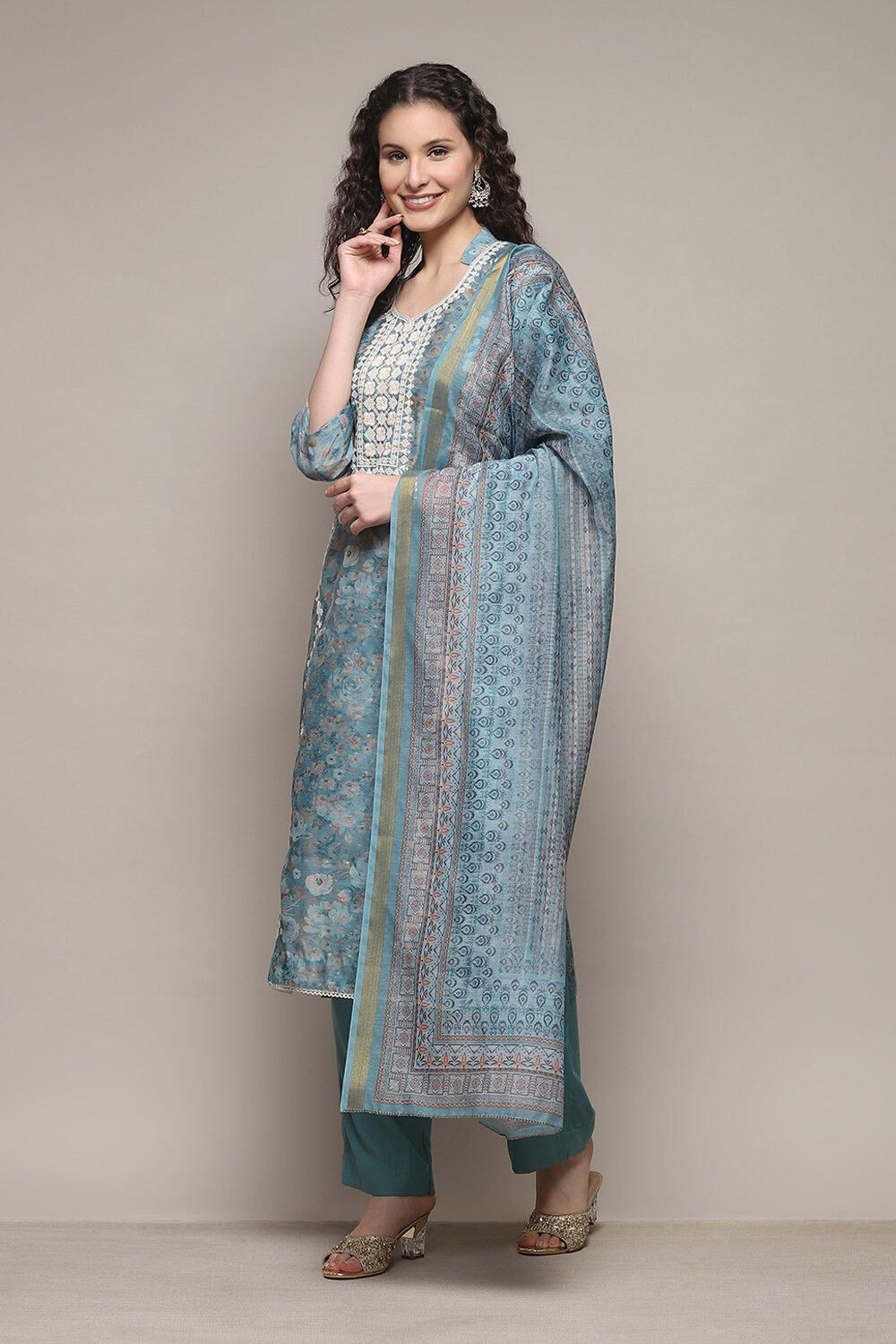 Blue Chanderi Unstitched Suit Set image number 5