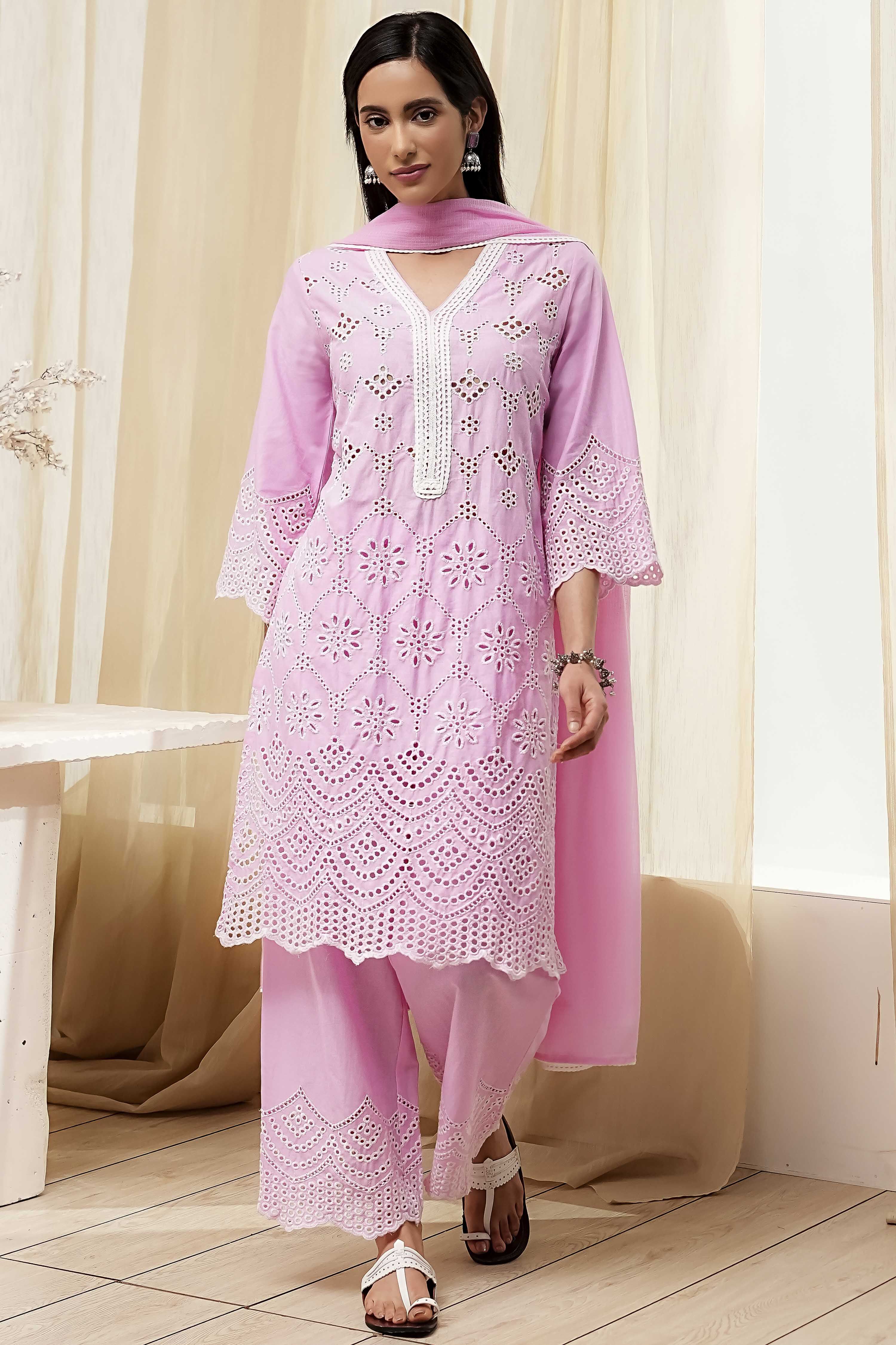 Pink Cotton Schiffli Straight Suit Set image number 6