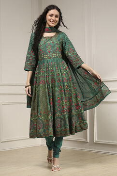 Teal Green Cotton Anarkali Printed Lehenga Set image number 0