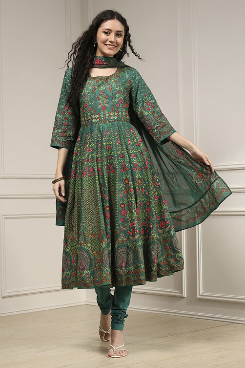 Off White Cotton Anarkali Printed Lehenga Set image number 0