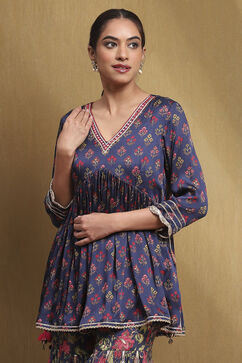 Navy Blue Viscose Floral Peplum Suit Set image number 1