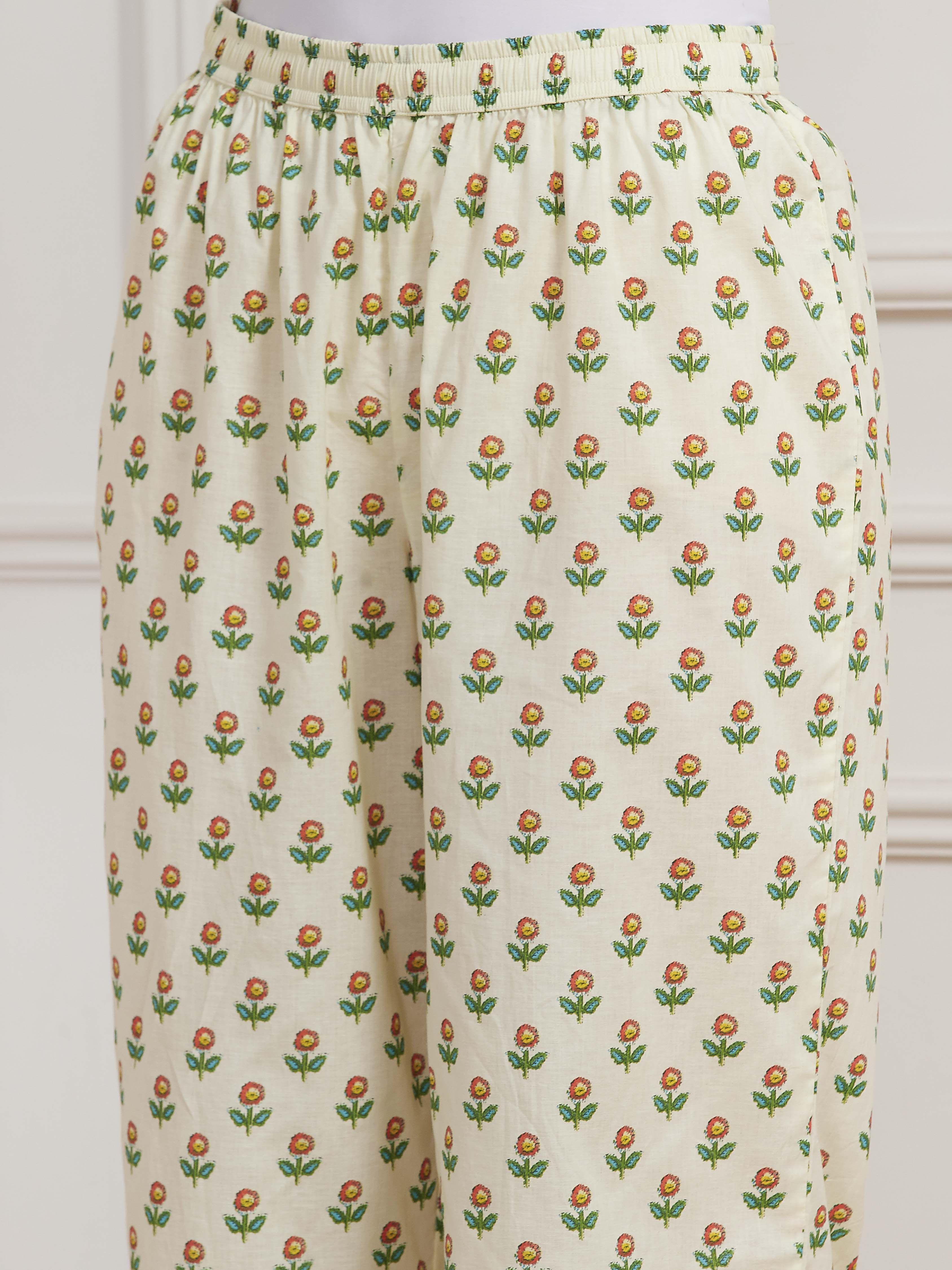 Cream-Toned Cotton Printed Kalidar Suit Set image number 2