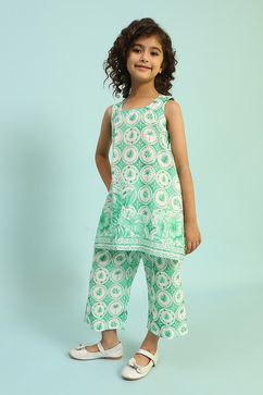 Green and White Cotton A-Line Kurta Set image number 3