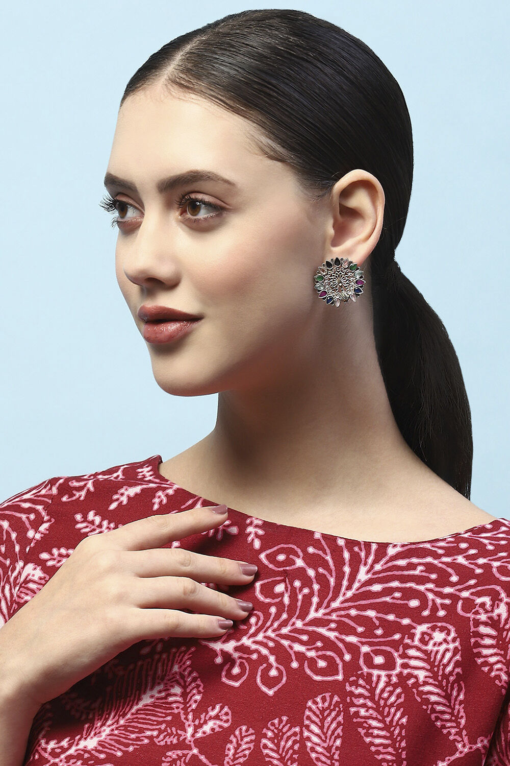 Multi-coloured Oxidised Navratan Studded Studs image number 1