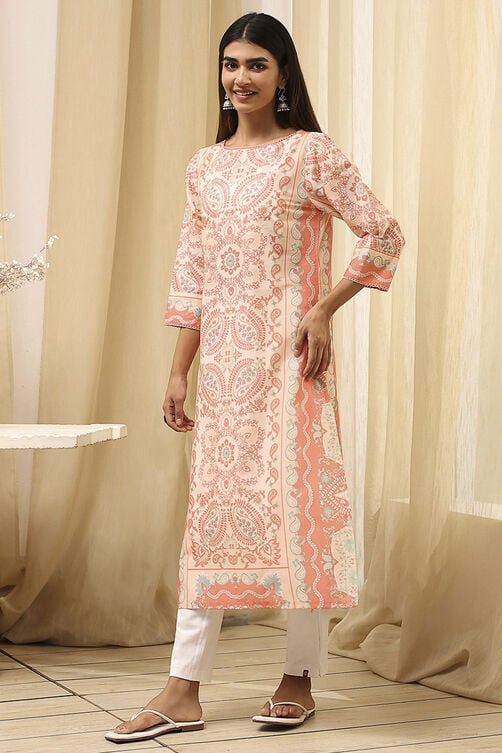 Blue and White Cotton Printed Straight Kurta image number 2