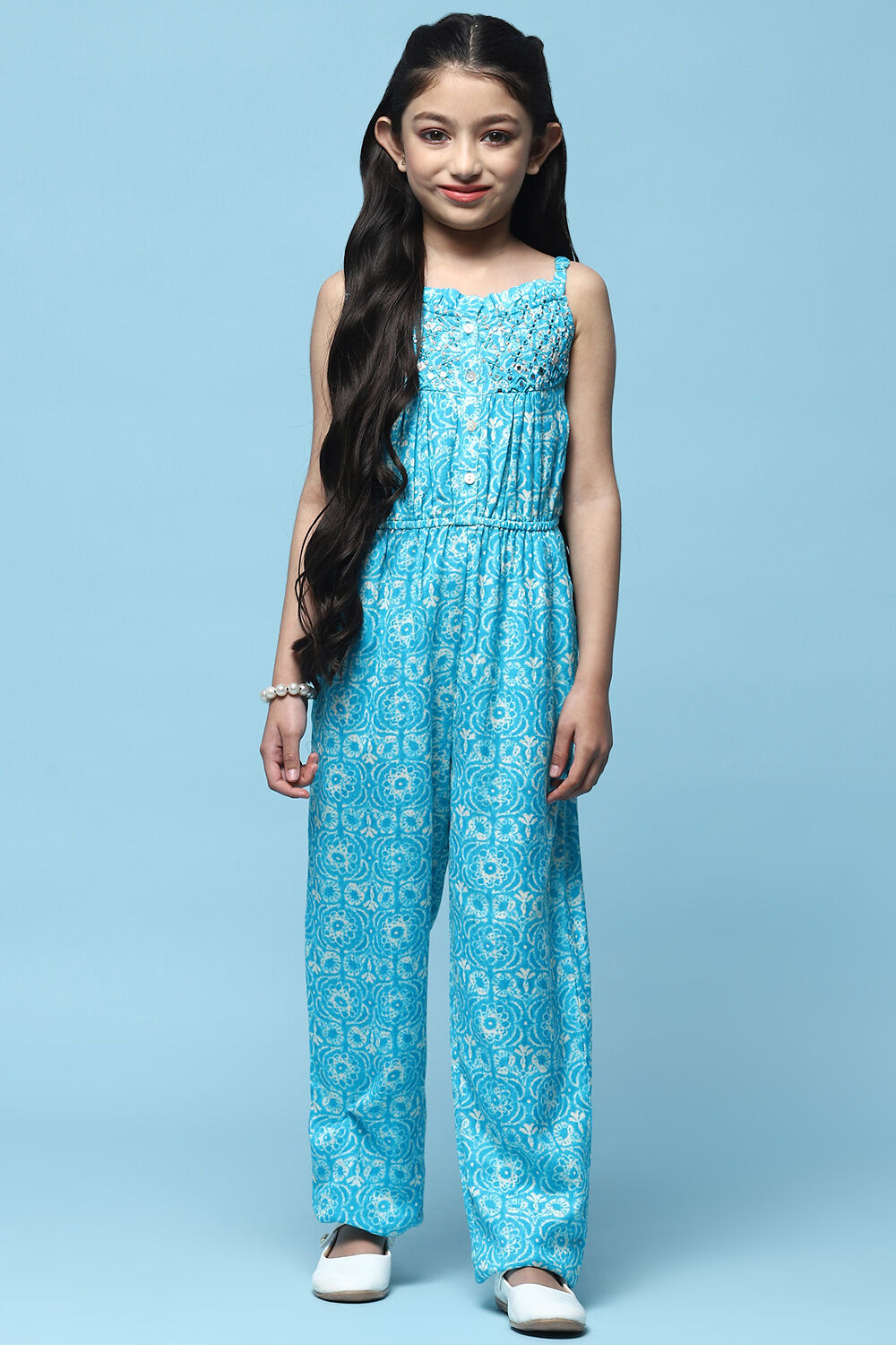 Aqua Printed Rayon Strappy Jumpsuit With Embroidered Yoke image number 0