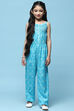Aqua Printed Rayon Strappy Jumpsuit With Embroidered Yoke