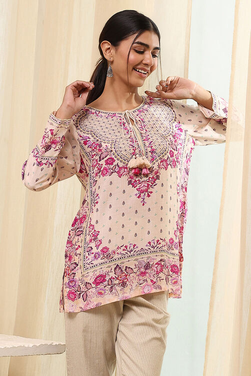 Off-White-Pink Modal Blend Straight Printed Short Kurta image number 6