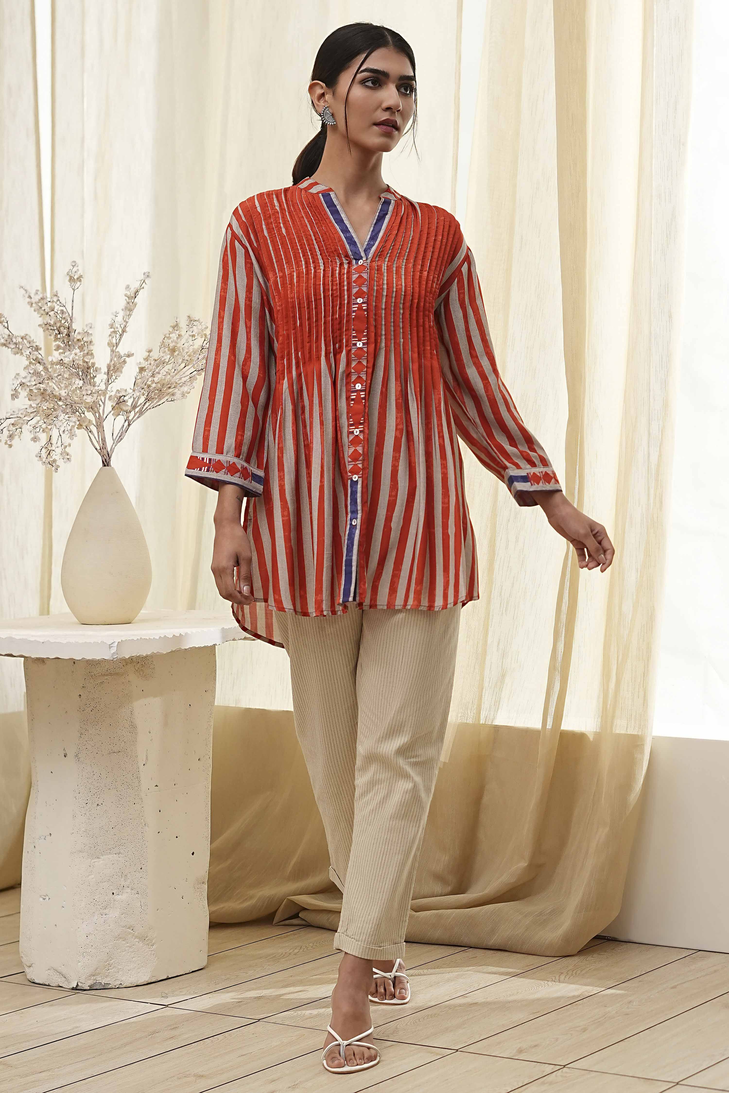Orange Modal Printed Shirt-Style Short Kurta image number 4