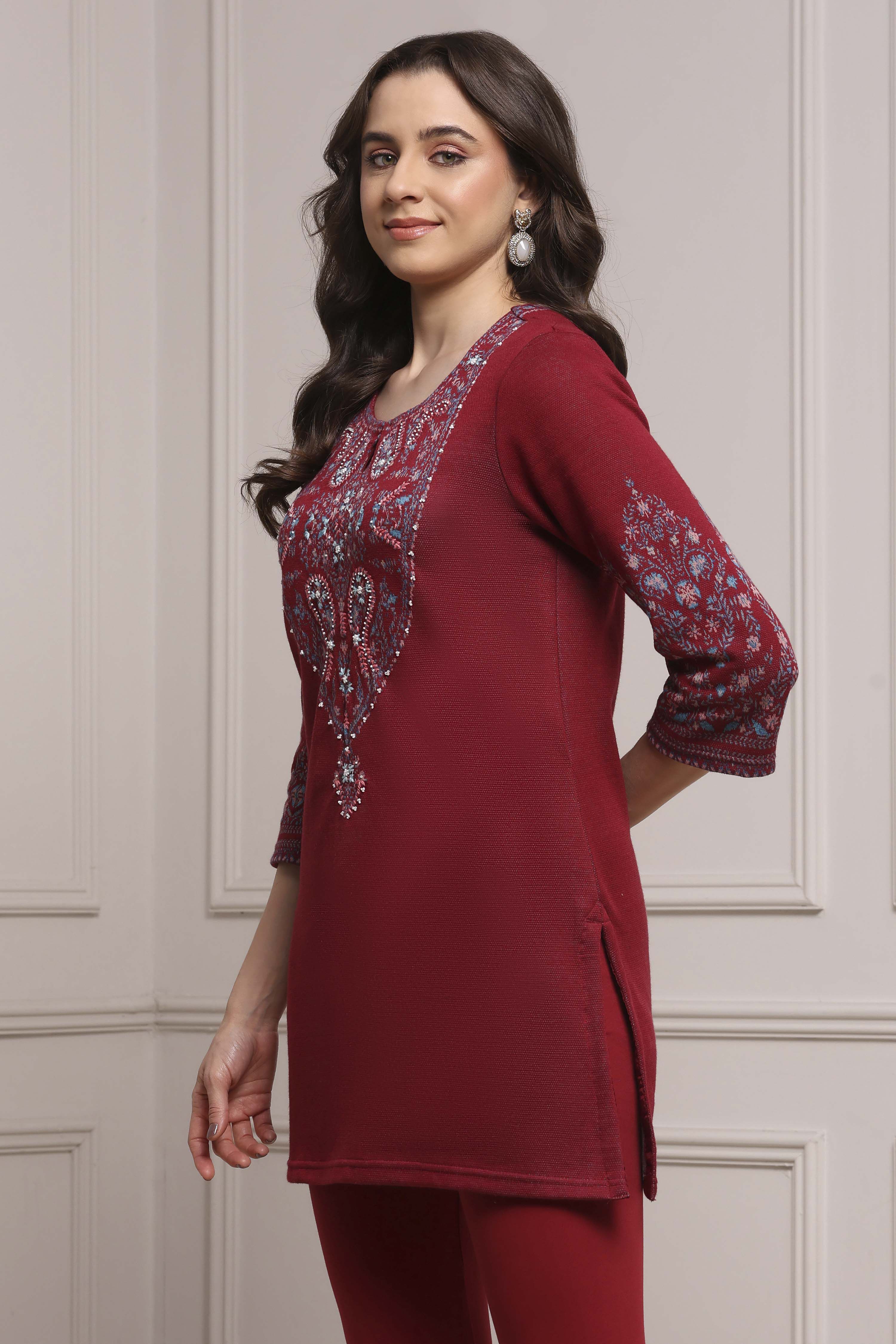 Green-Maroon Cotton Blend Yarndyed Kurta image number 2