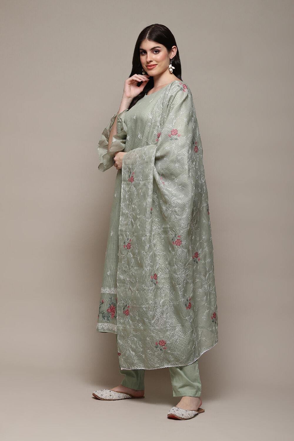 Green Cotton Blend Printed Unstitched Suit Set image number 6