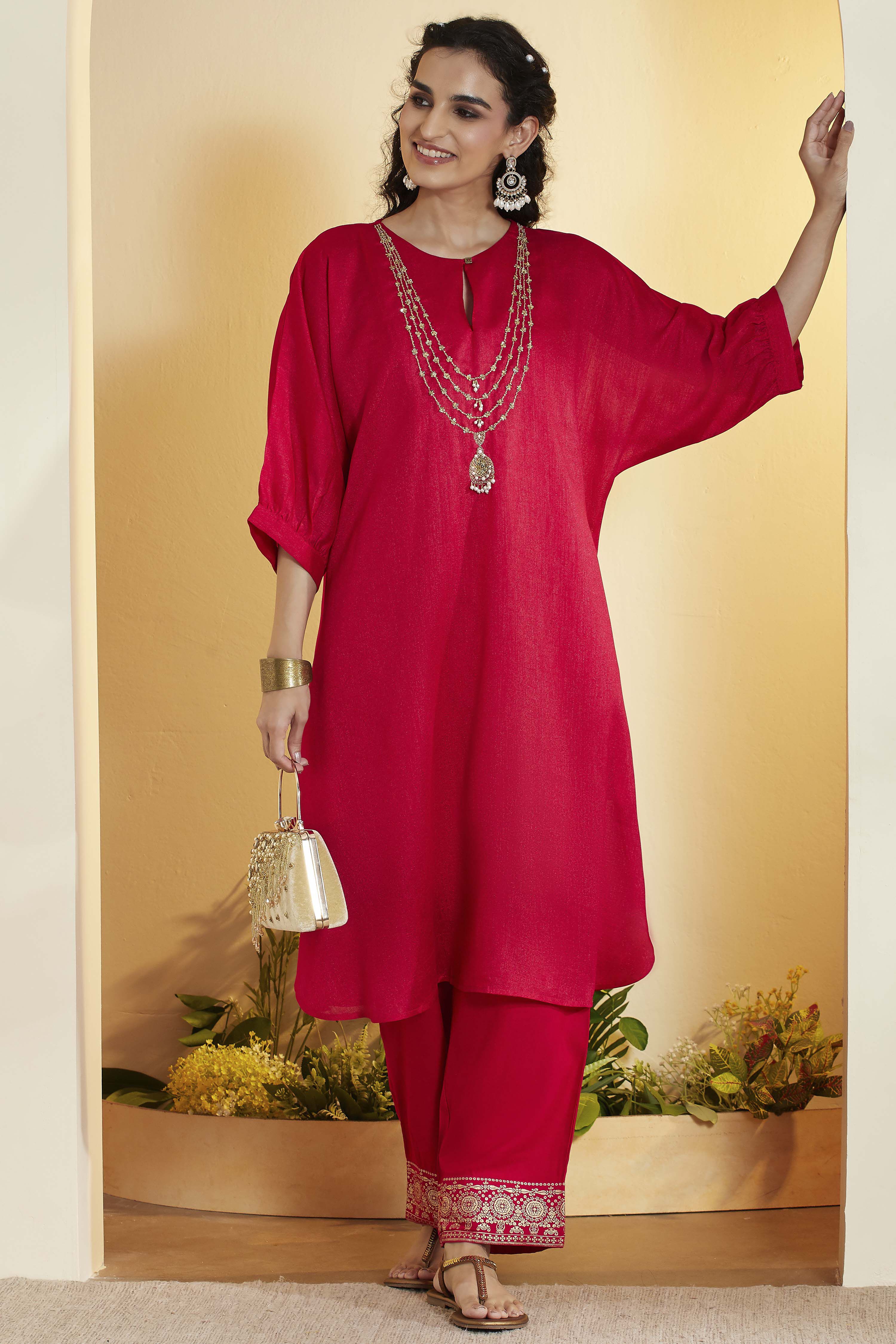 Red Polyester Straight Kurta image number 0