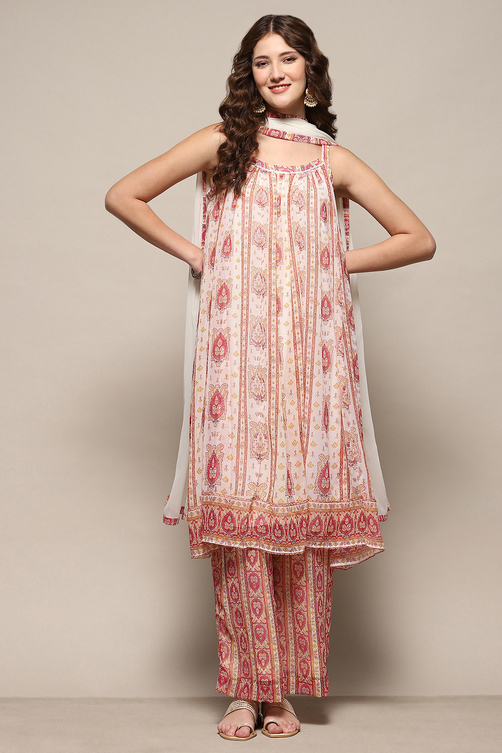 Cream Printed Strappy A-Line & Palazzo Suit Set image number 7