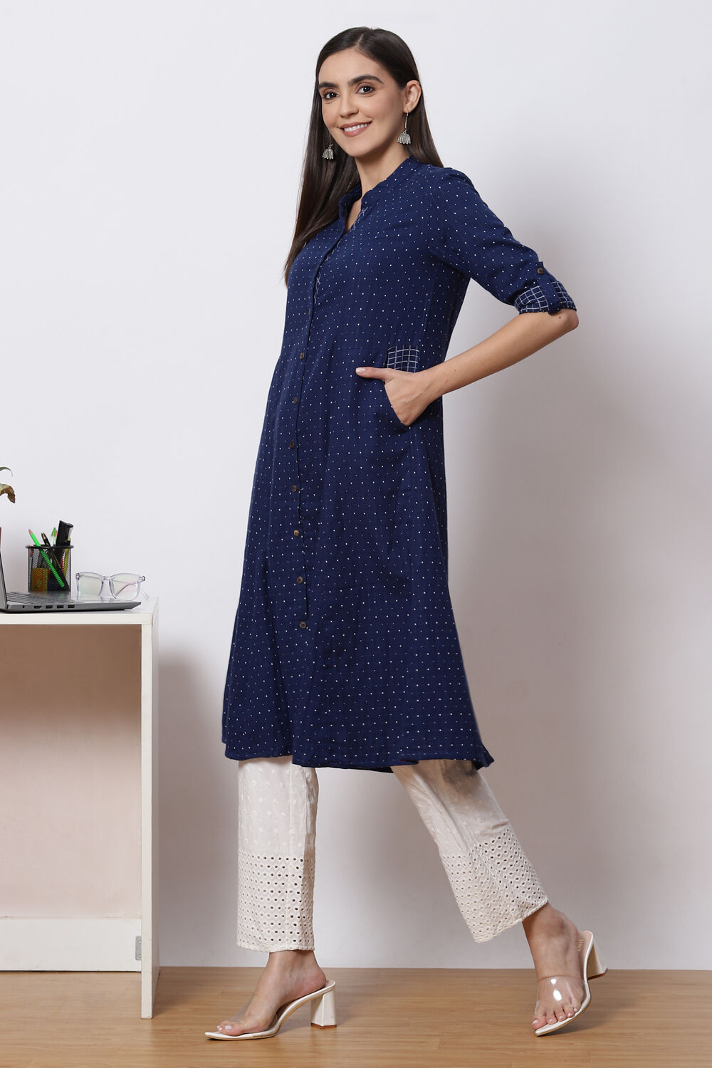 Navy Blue Cotton A Line Kurta Set image number 3