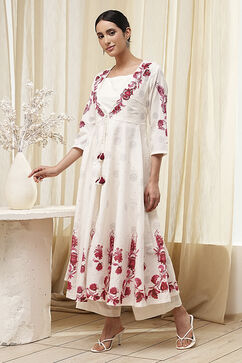 Off-White and Red Anarkali Fusion Set image number 3