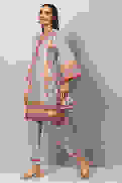 Grey Art Silk Straight Kurta Slim Pant Suit Set image number 3