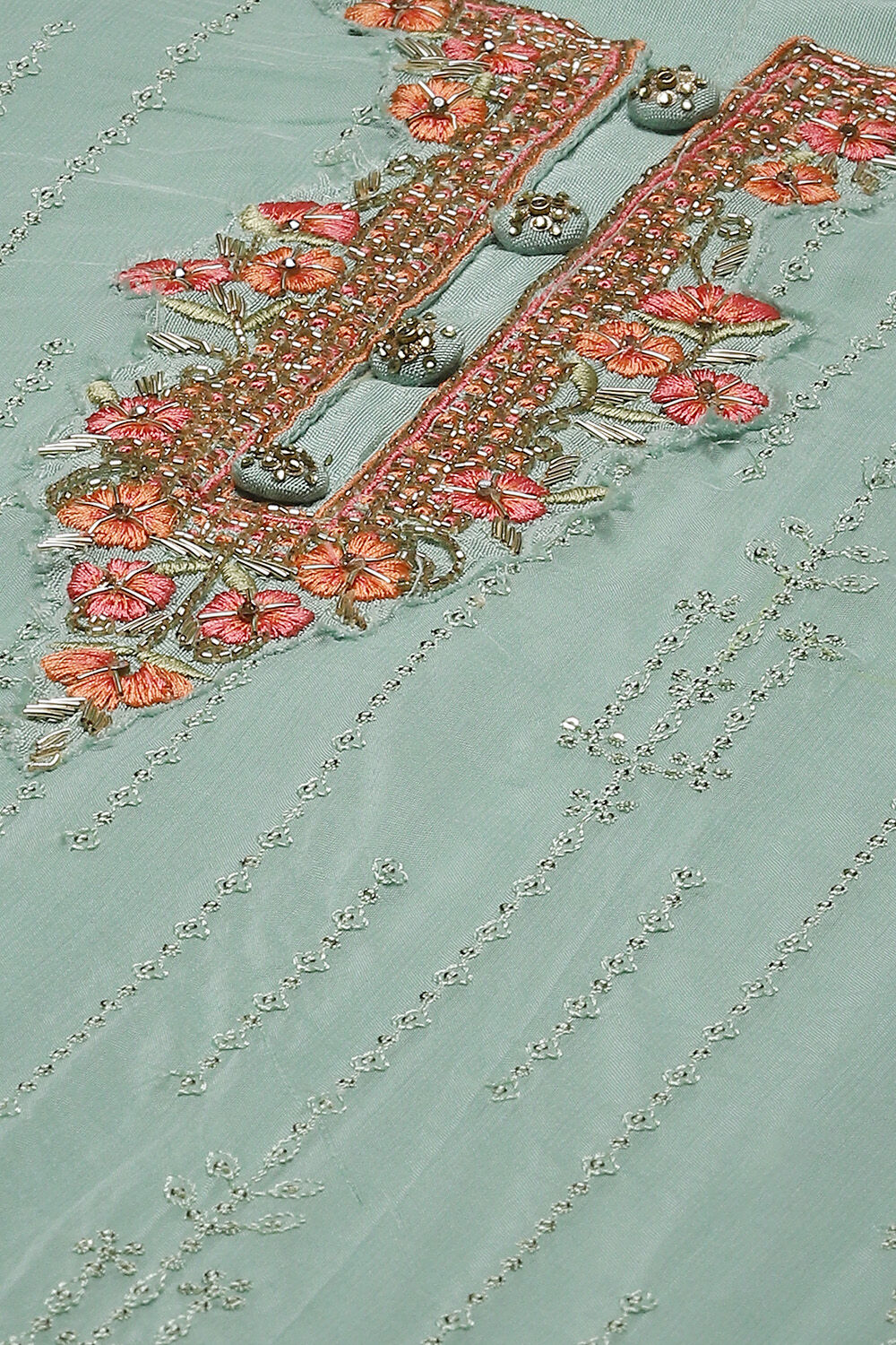 Turquoise Organza Machine Embroidered Unstitched Suit Set image number 2