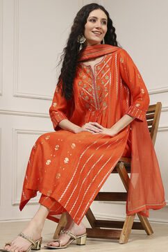 Orange Silk Straight Yarndyed Suit Set image number 0