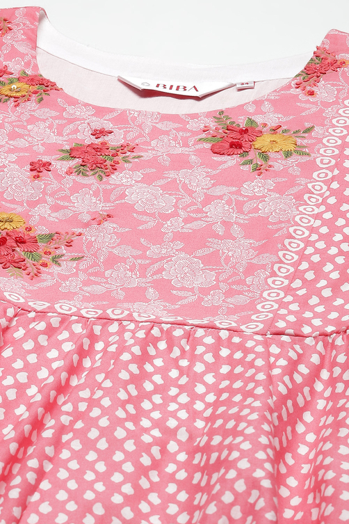 Coral Red Cotton Anarkali Kurta Churidar Suit Set image number 1