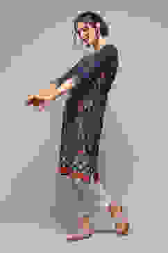 Navy LIVA Straight Printed Kurta image number 0