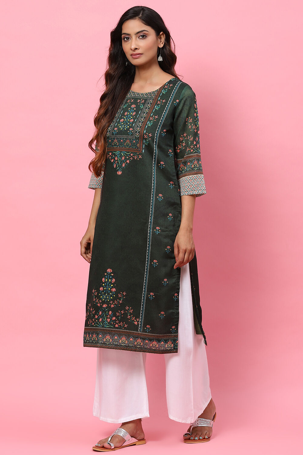 Dark Green A-Line Cotton Kurta image number 2