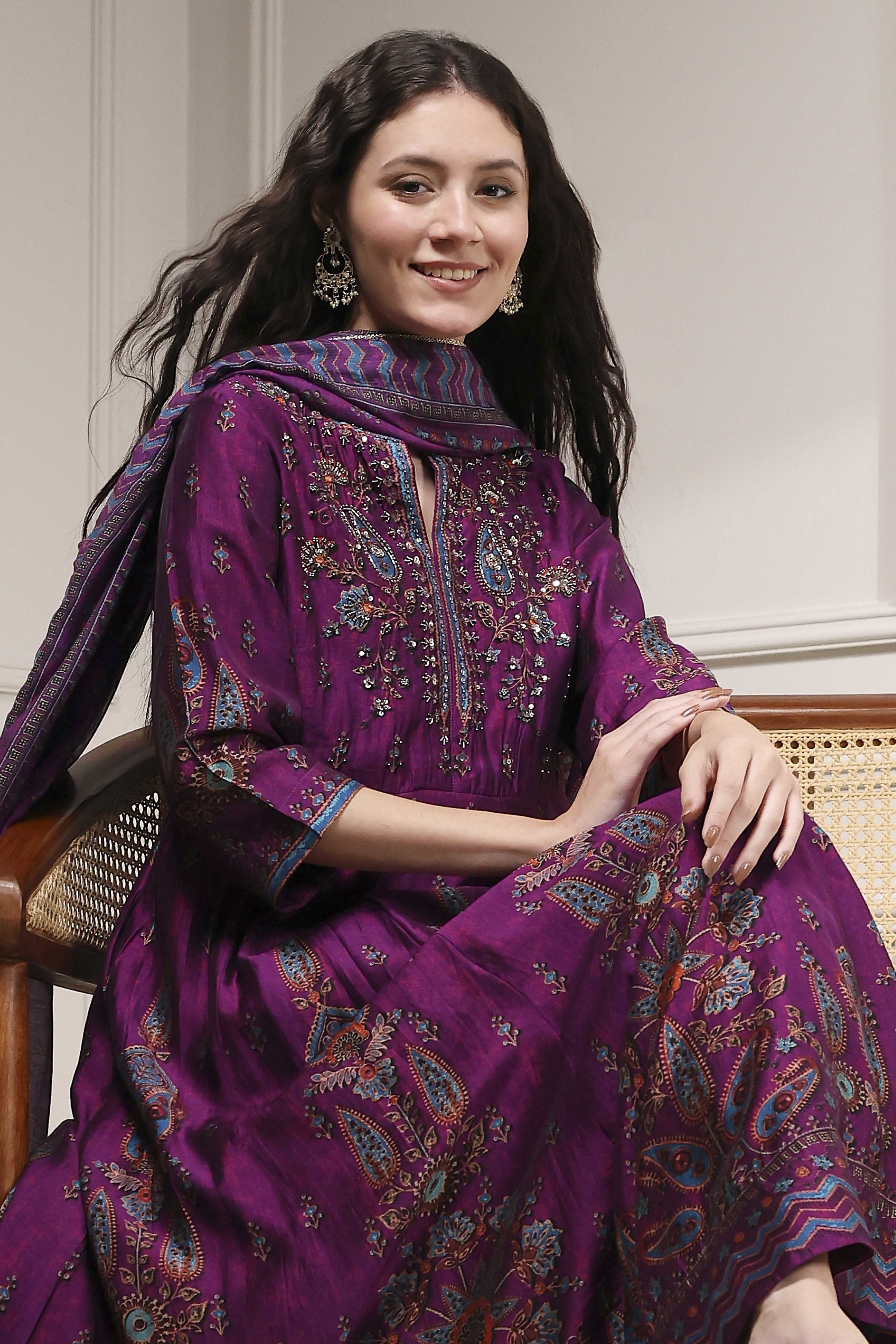 Purple Printed Anarkali Suit Set image number 0