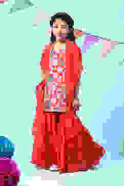 Red Polyester A-Line Printed Kurta Sharara Suit Set image number 3