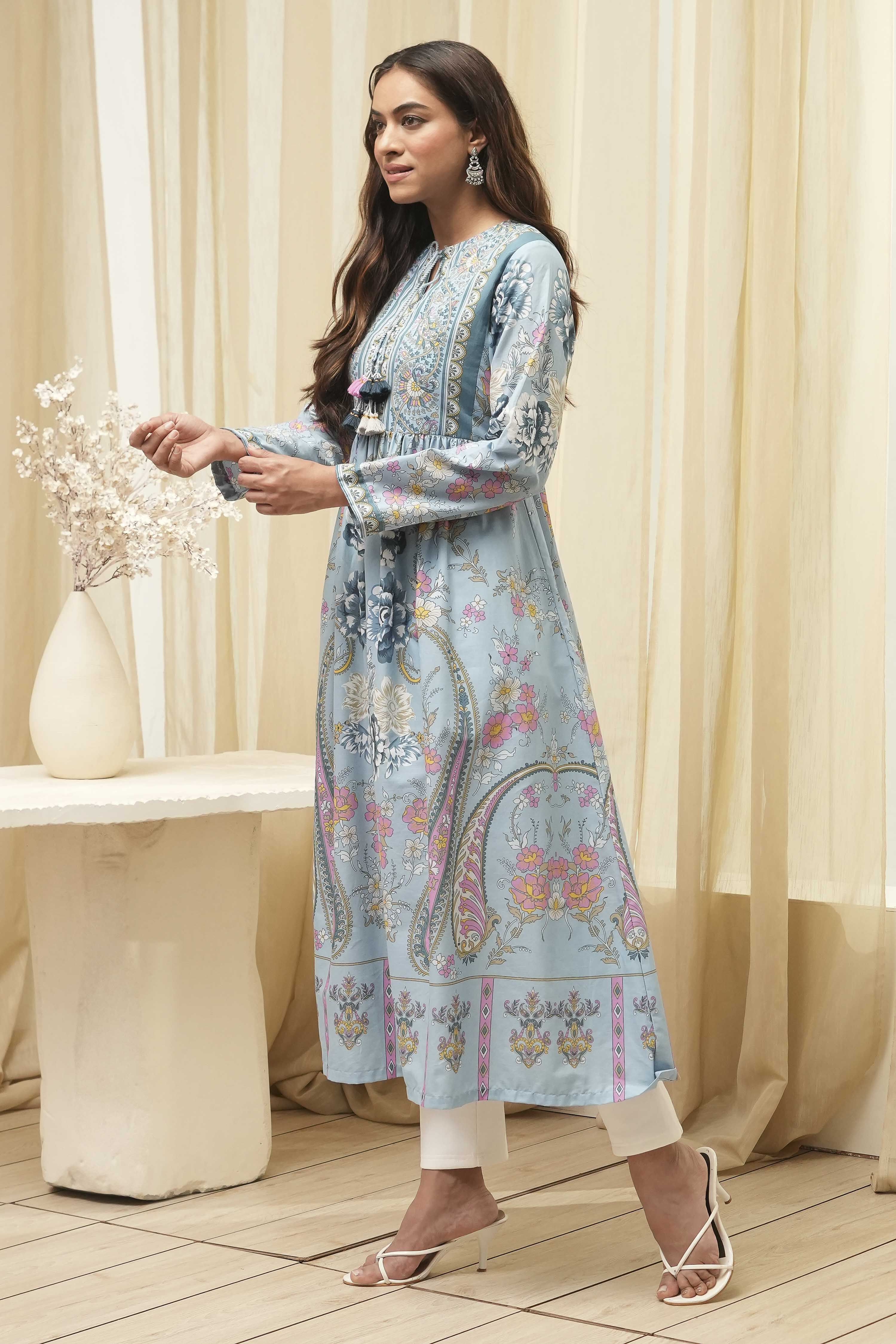 Dull Blue Cotton Printed Flared Kurta image number 3
