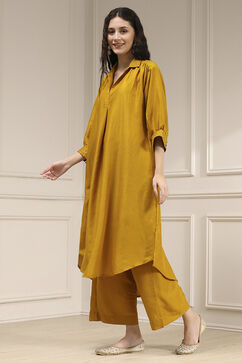 Ochre Yellow Polyester A-Line Dyed Kurta Pants Set image number 3