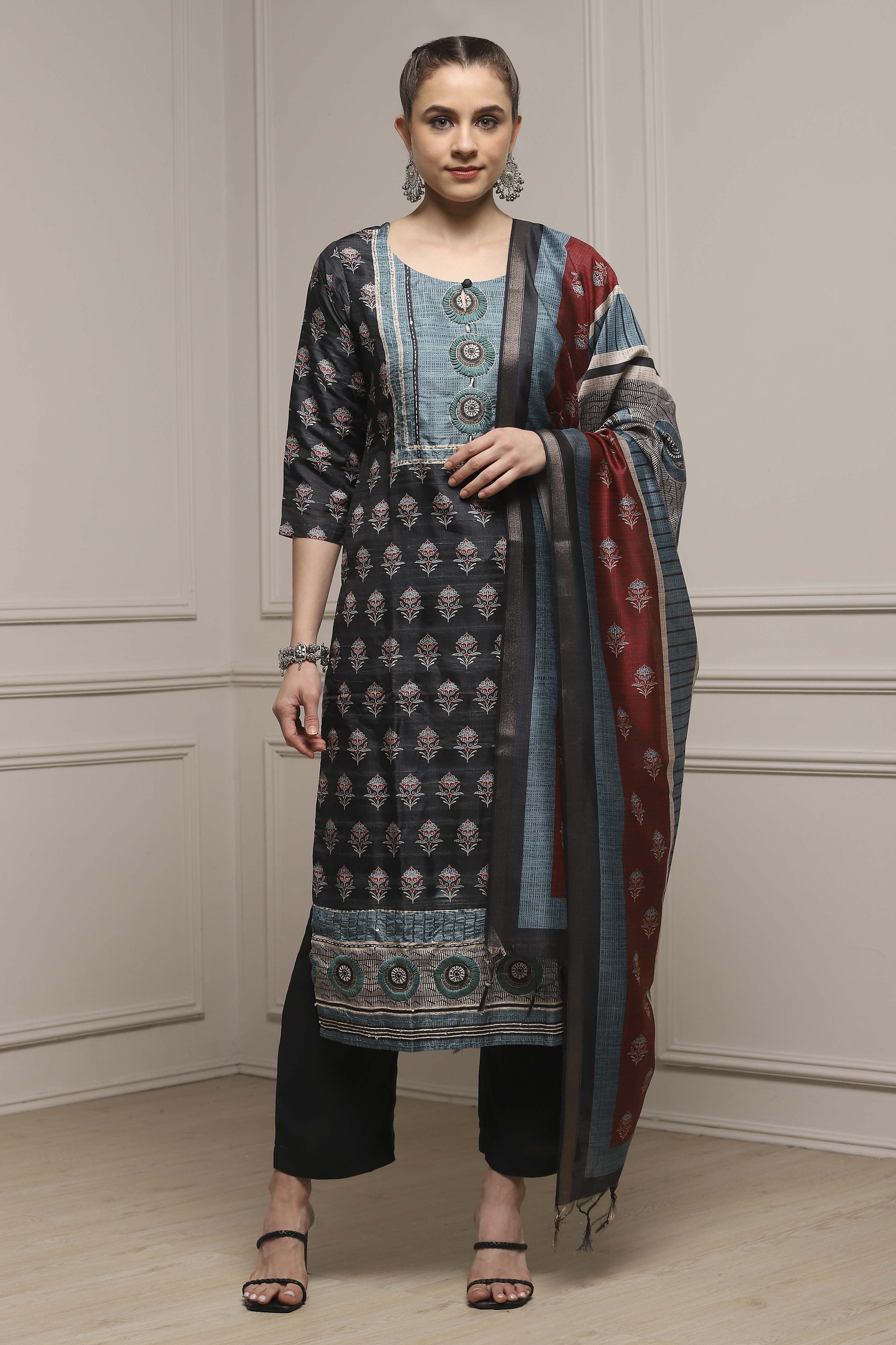 Black Silk Blend Printed- Embroidered Unstitched Suit Set image number 1