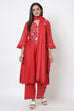 Red Poly Cotton Straight Kurta Palazzo Suit Set image number 3