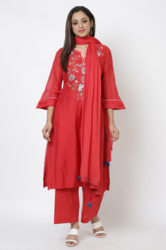 Red Poly Cotton Straight Kurta Palazzo Suit Set image number 3