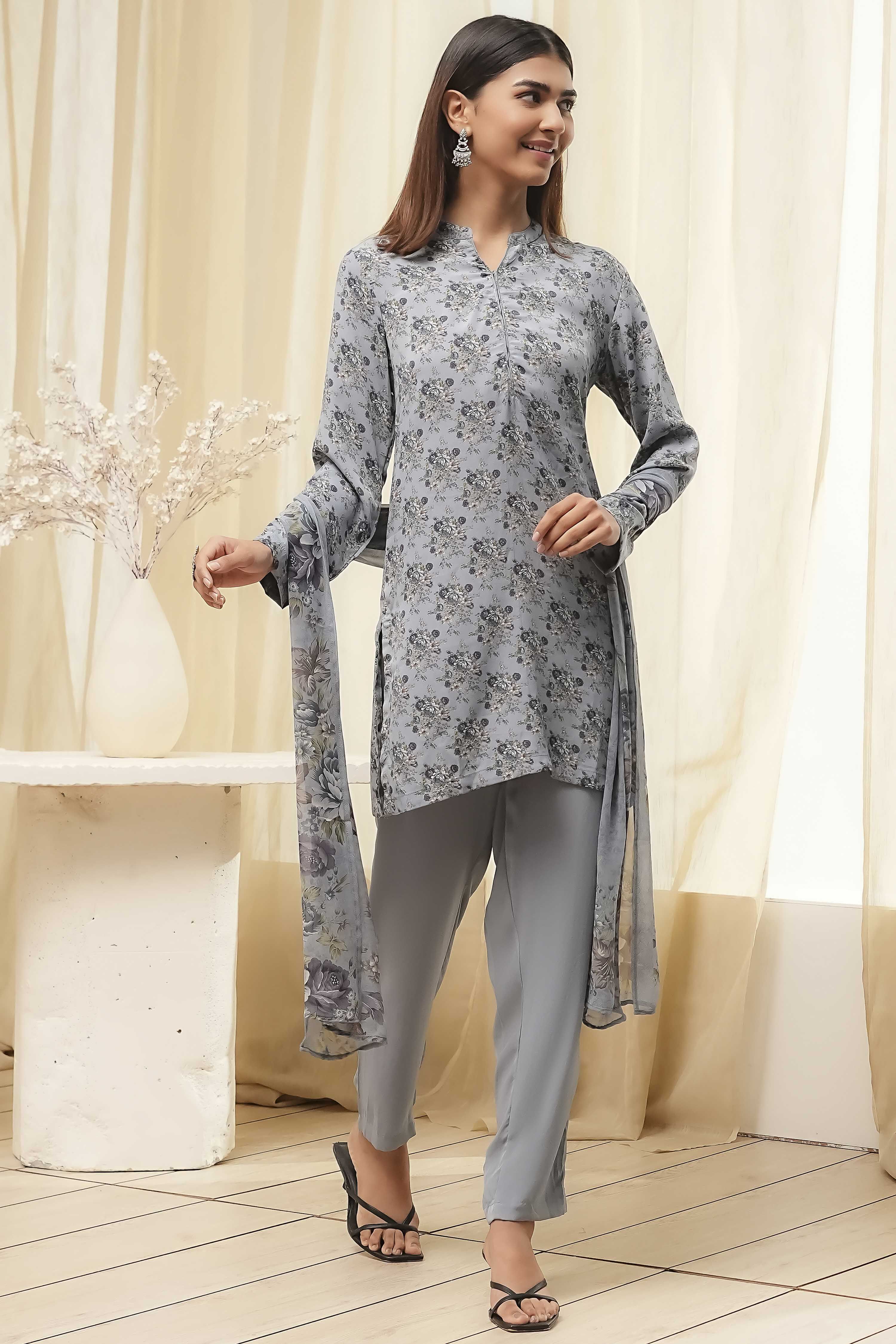 Grey Art Silk Straight Suit Set image number 6