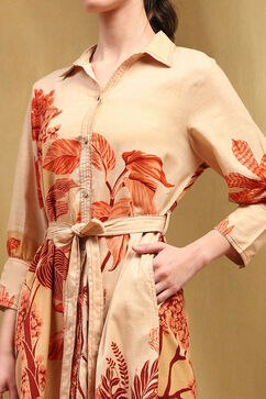 Beige Cotton Floral Printed A-Line Dress image number 1