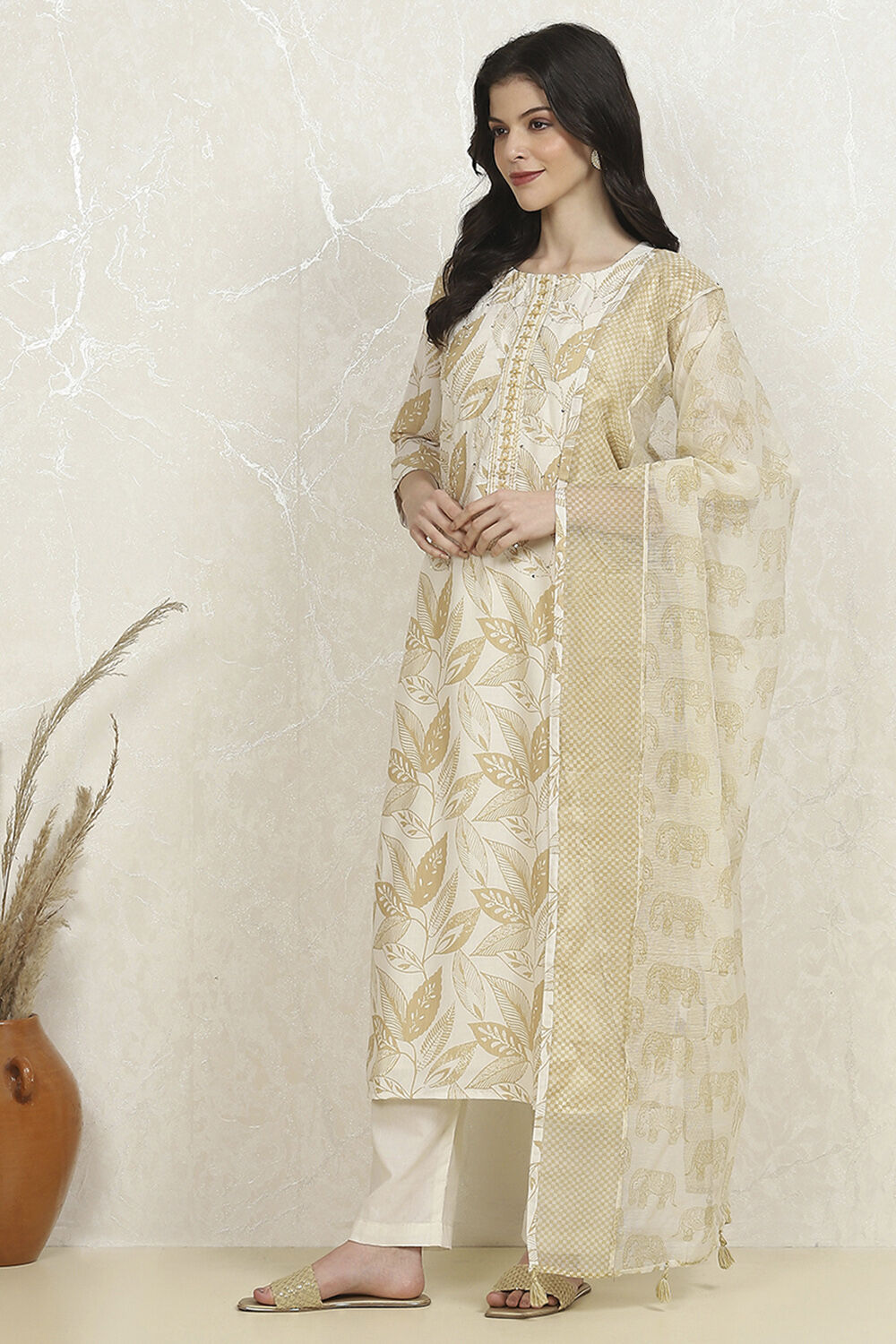 Gold Cotton Digital Print Unstitched Suit Set image number 4