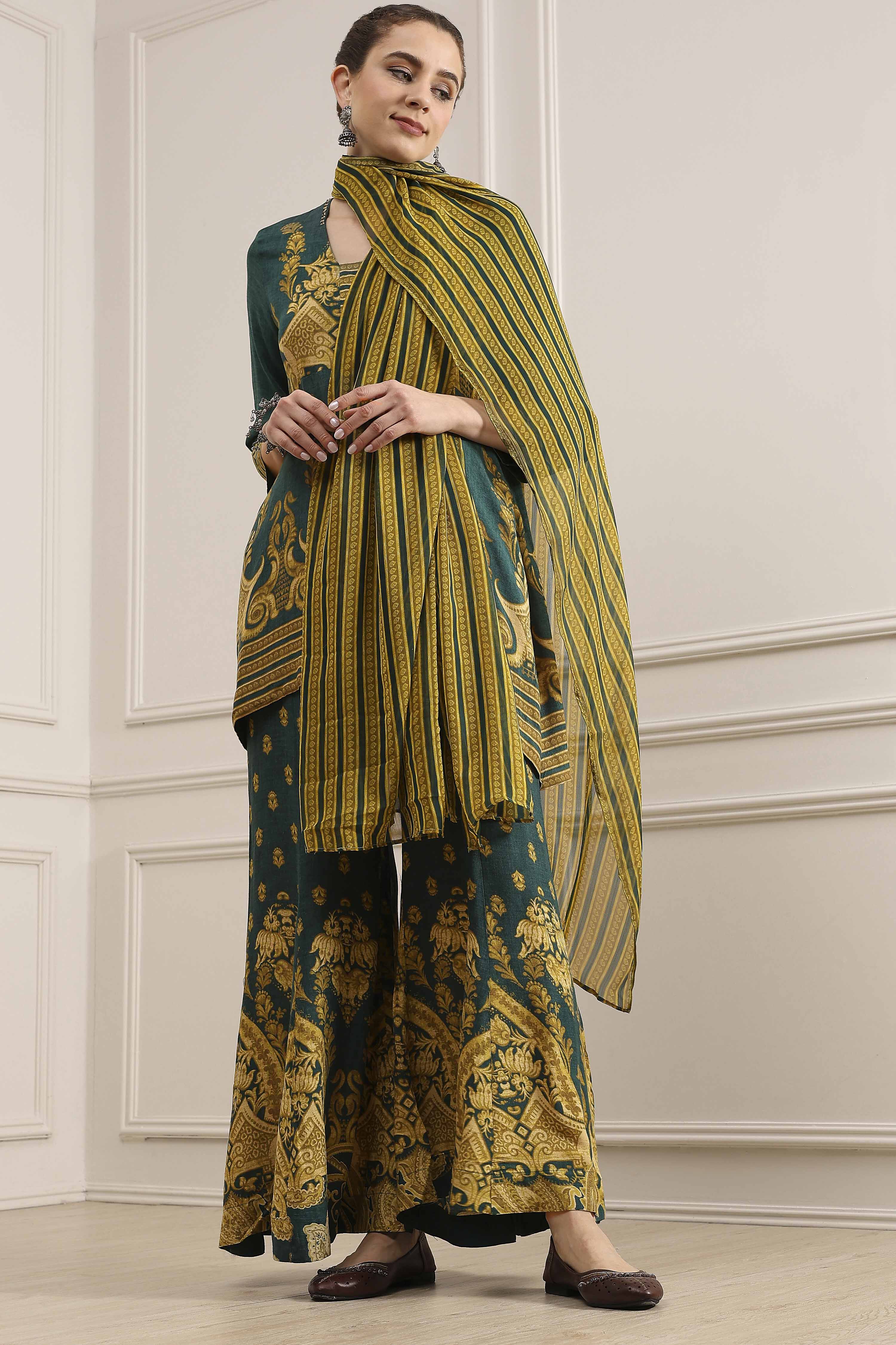 Green Printed Straight Sharara Suit Set image number 0