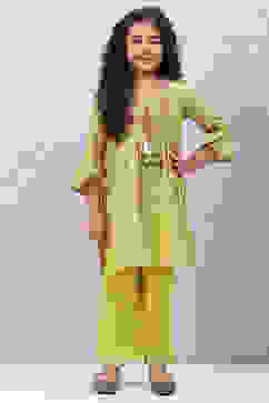 Olive Green Cotton A-Line Printed Kurta Set image number 6