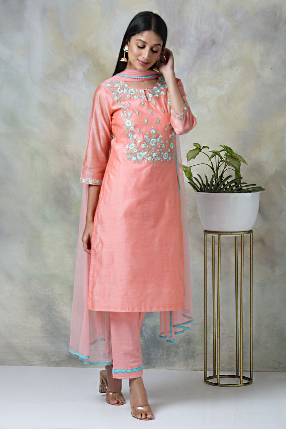 Yellow Cotton Blend A-Line Kurta Pants Suit Set image number 6
