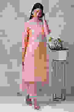 Blush Peach Cotton Blend A-Line Kurta Pant Suit Set image number 6